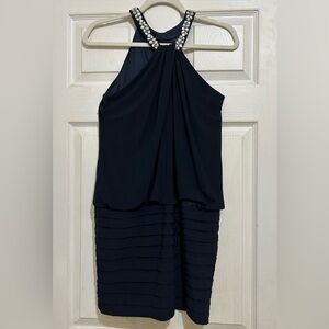 XSCAPE Navy Blue Rhinestone Neckline Dress.